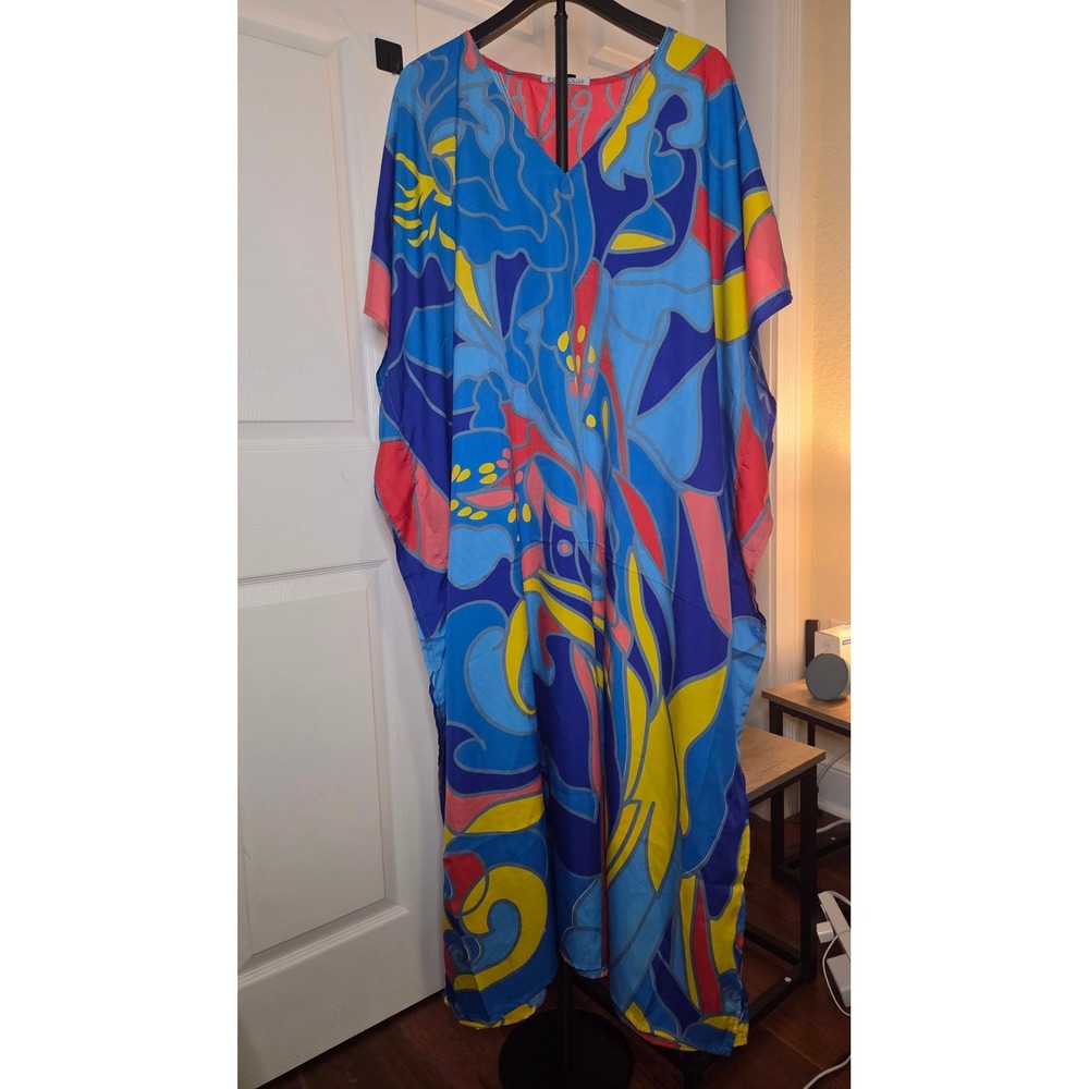 Ecofits Natural Comfort Floral Kaftan Maxi Dress Blue Yellow Red OS NWT